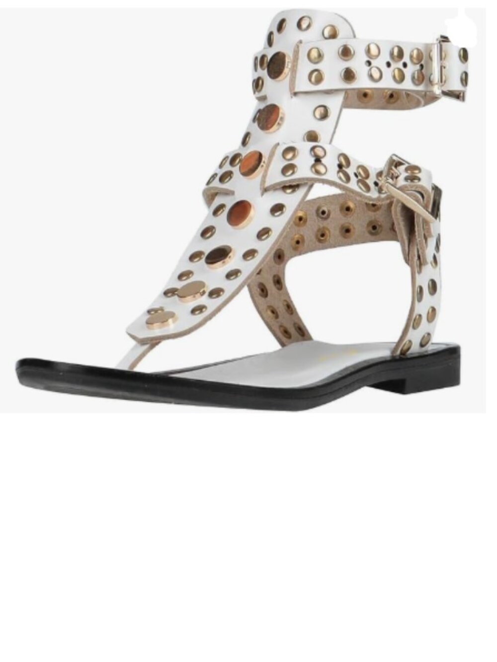 FOWT White Round Split Toe Sandal Rivet Studded Flat Gladiators Ankle Strap Shoe